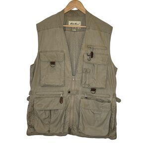 Eddie Bauer Vintage Tan Fishing Cargo Utility Hunting Vest Multiple Pockets Sz M